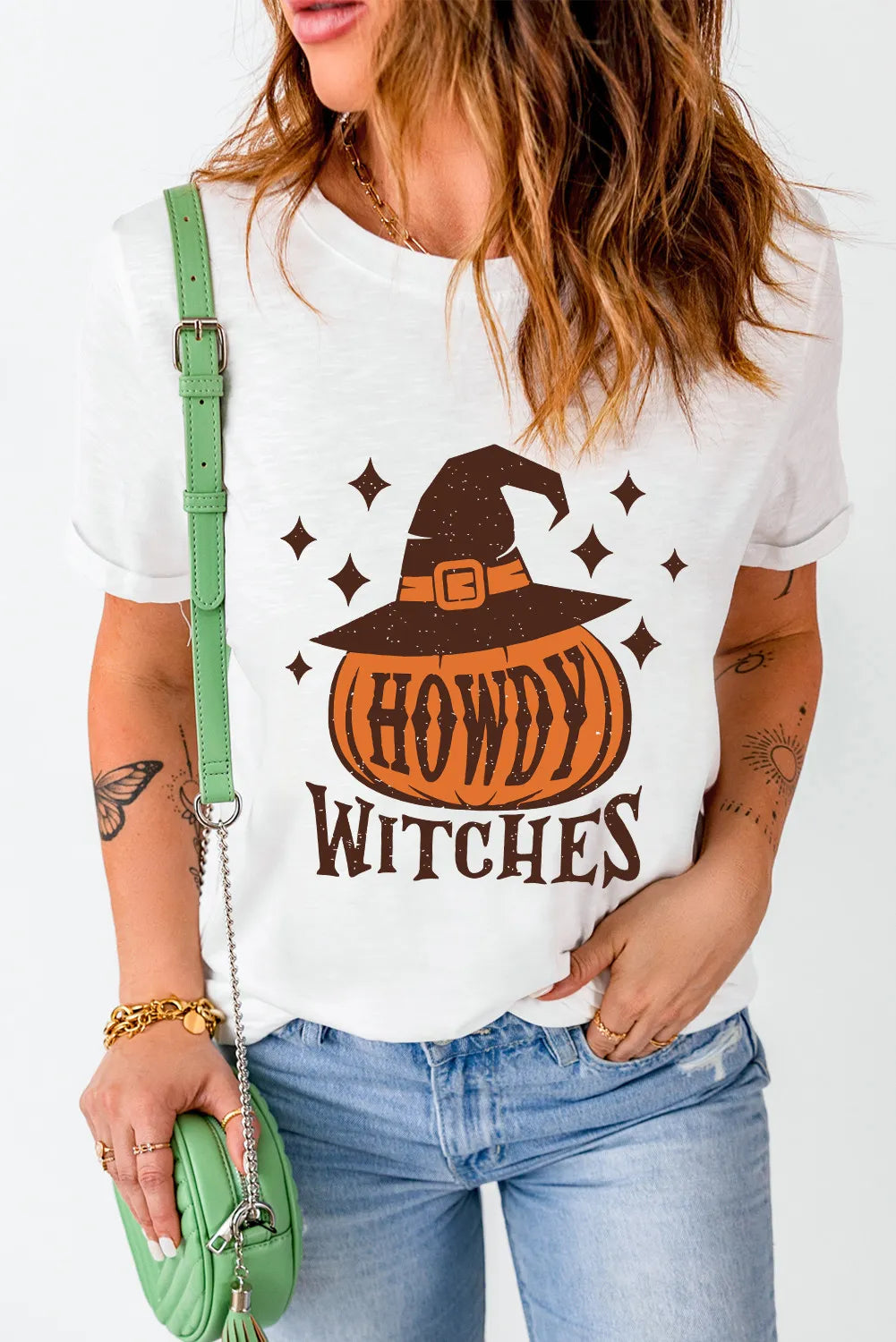 HOWDY WITCHES Round Neck Short Sleeve T-Shirt-Angel Casuals