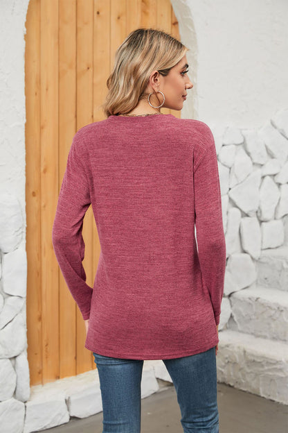 Notched Neck Long Sleeve T-Shirt-Angel Casuals