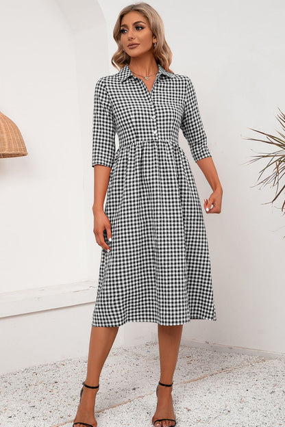 Plaid Collared Neck Midi Dress-Angel Casuals