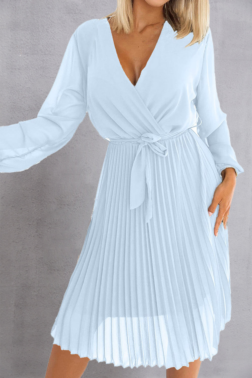 Tied Surplice Long Sleeve Pleated Dress-Angel Casuals