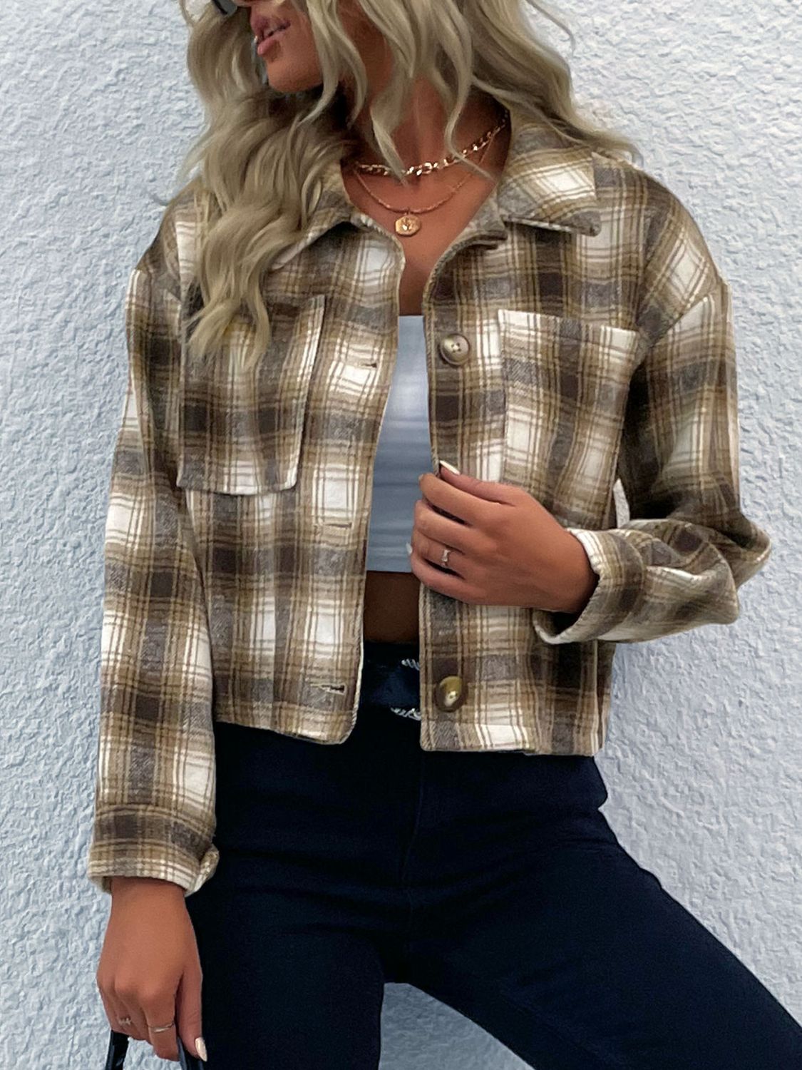 Plaid Button-Up Dropped Shoulder Shacket-Angel Casuals