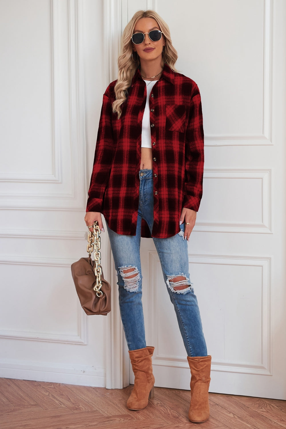 Plaid Button Up Dropped Shoulder Outerwear-Angel Casuals