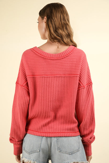 VERY J Exposed Seam V-Neck Ribbed Knit Top-Angel Casuals