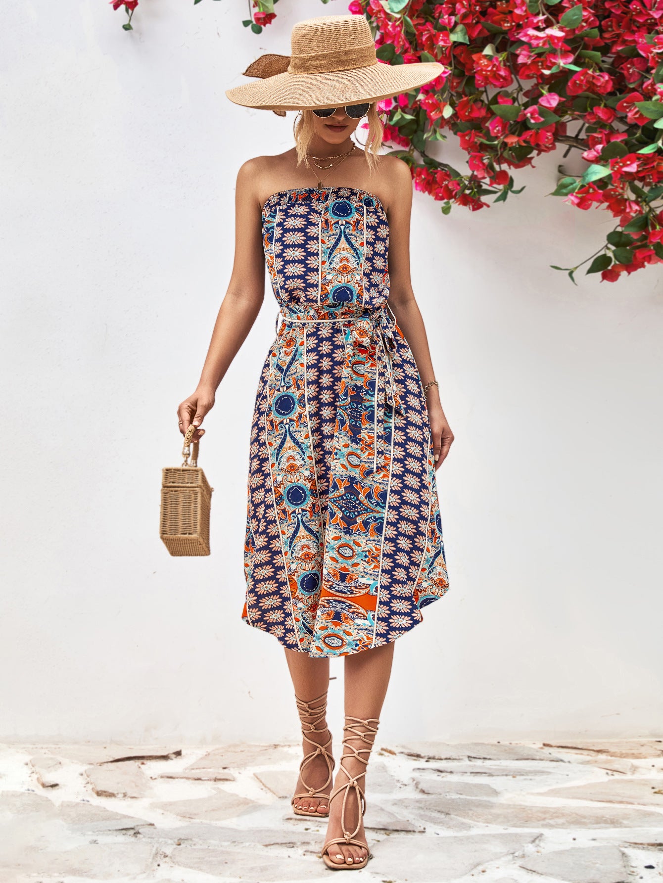 Printed Strapless Tie Belt Dress-Angel Casuals