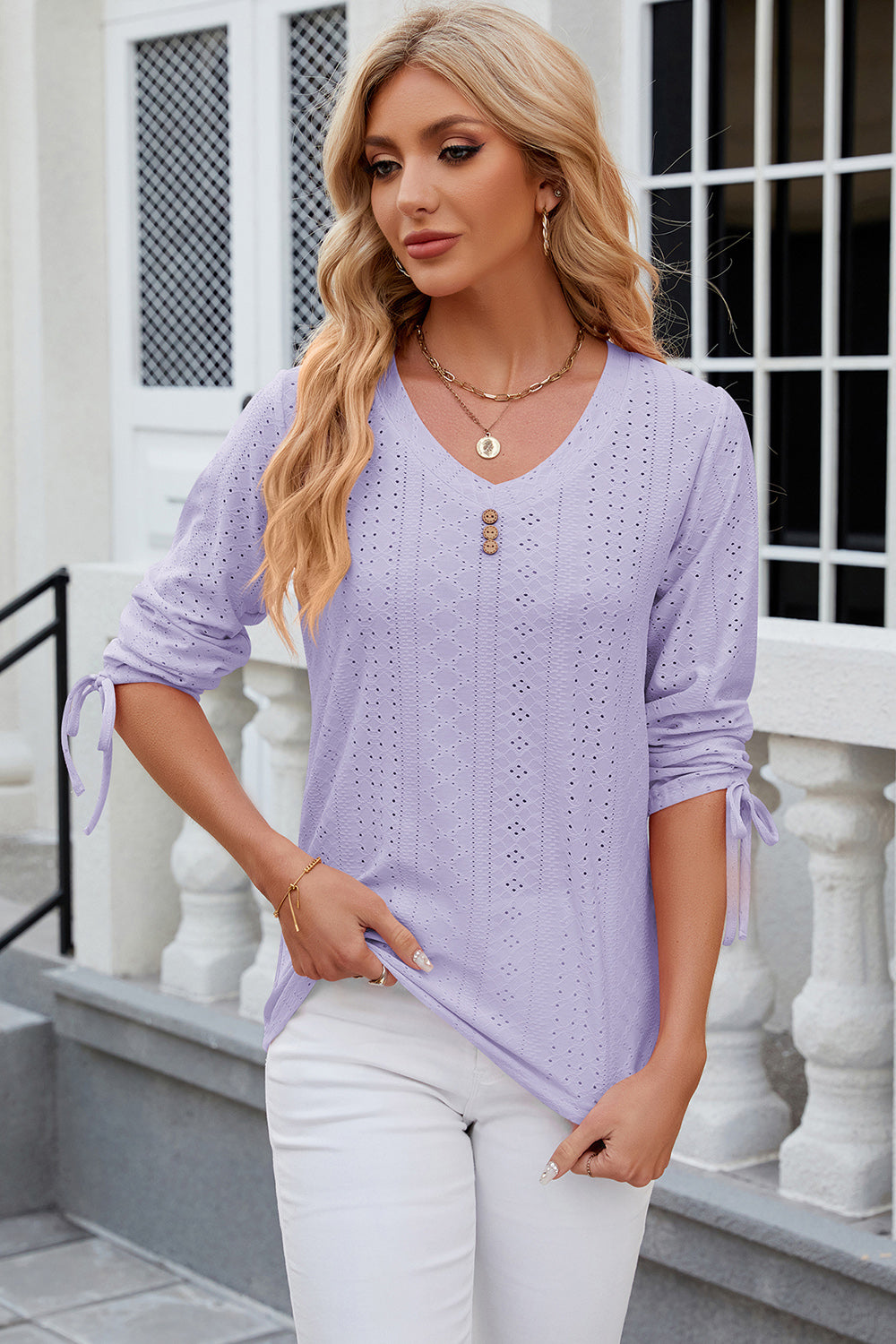 Eyelet Drawstring V-Neck Half Sleeve T-Shirt-Angel Casuals
