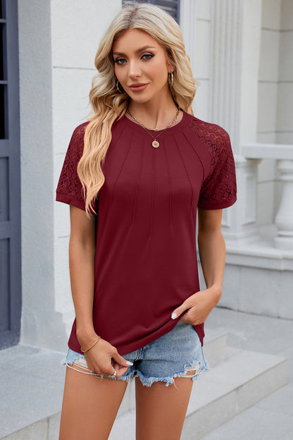 Openwork Round Neck Short Sleeve T-Shirt-Angel Casuals