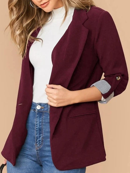 Lapel Collar Roll-Tab Sleeve Blazer-Angel Casuals