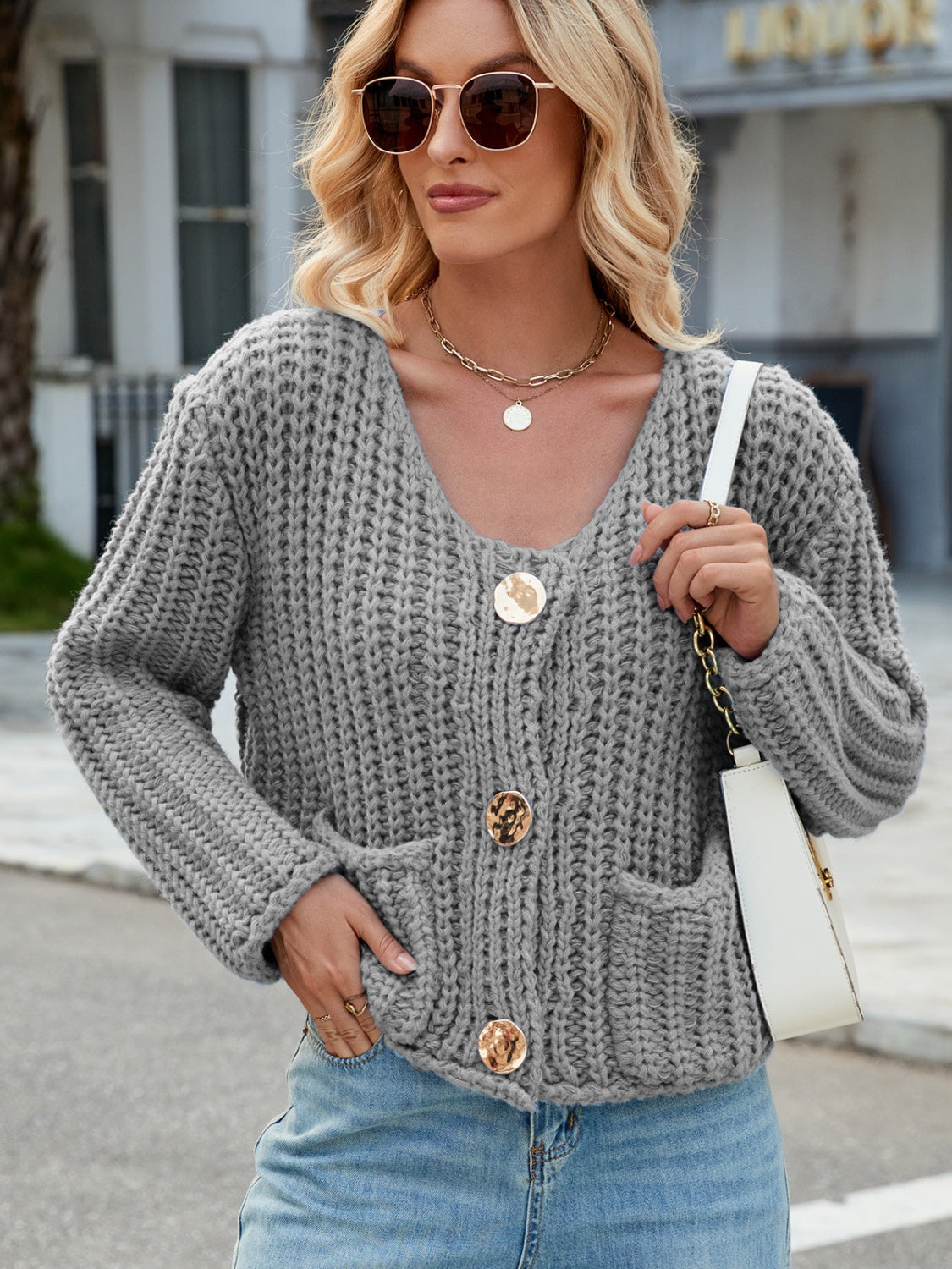 Round Neck Button Up Cardigan with Pockets-Angel Casuals
