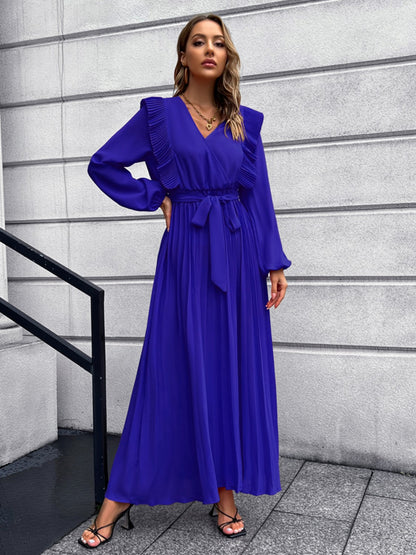 Pleated Surplice Tie Waist Maxi Dress-Angel Casuals