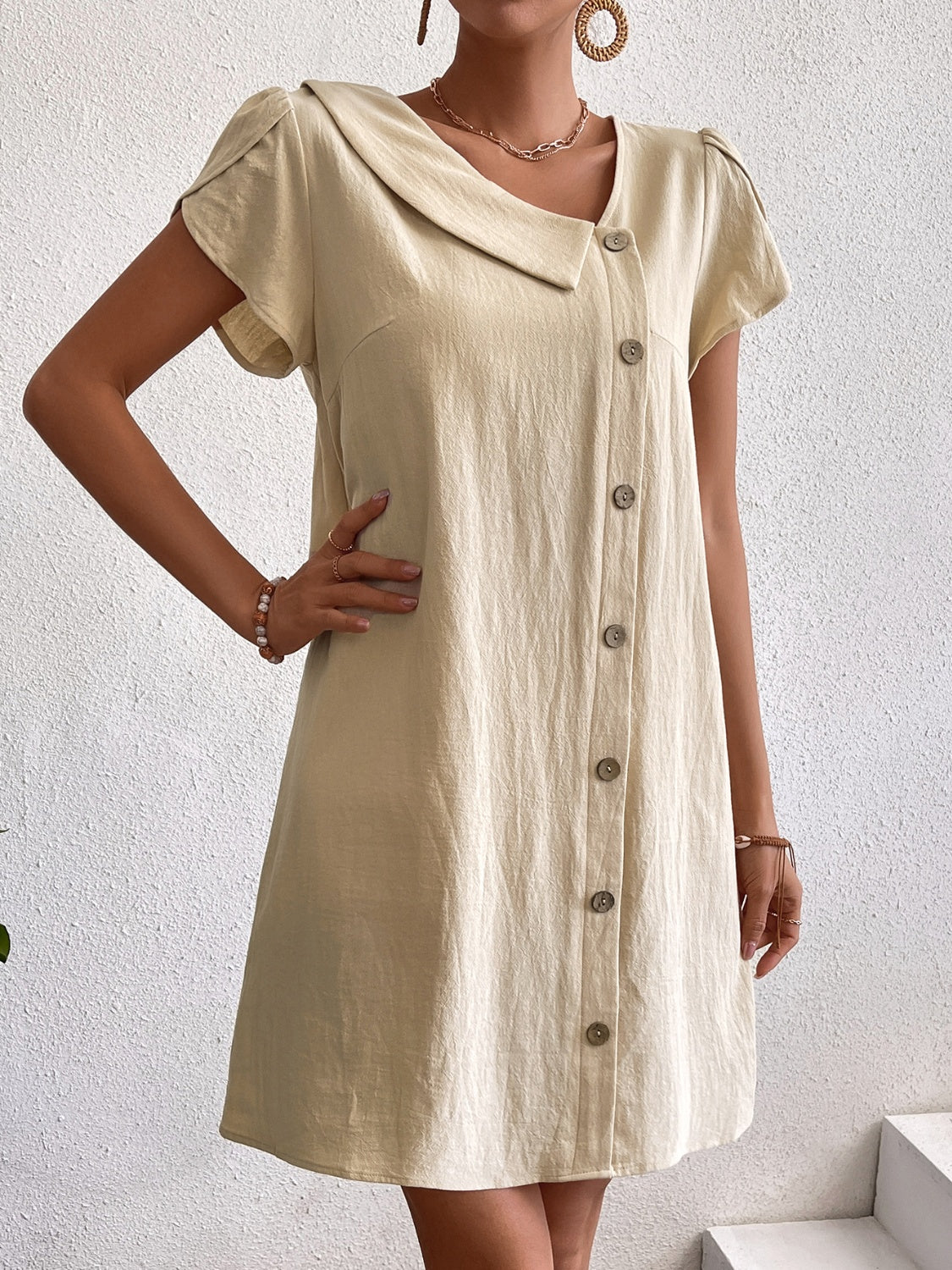 Decorative Button Asymmetrical Neck Short Sleeve Dress-Angel Casuals