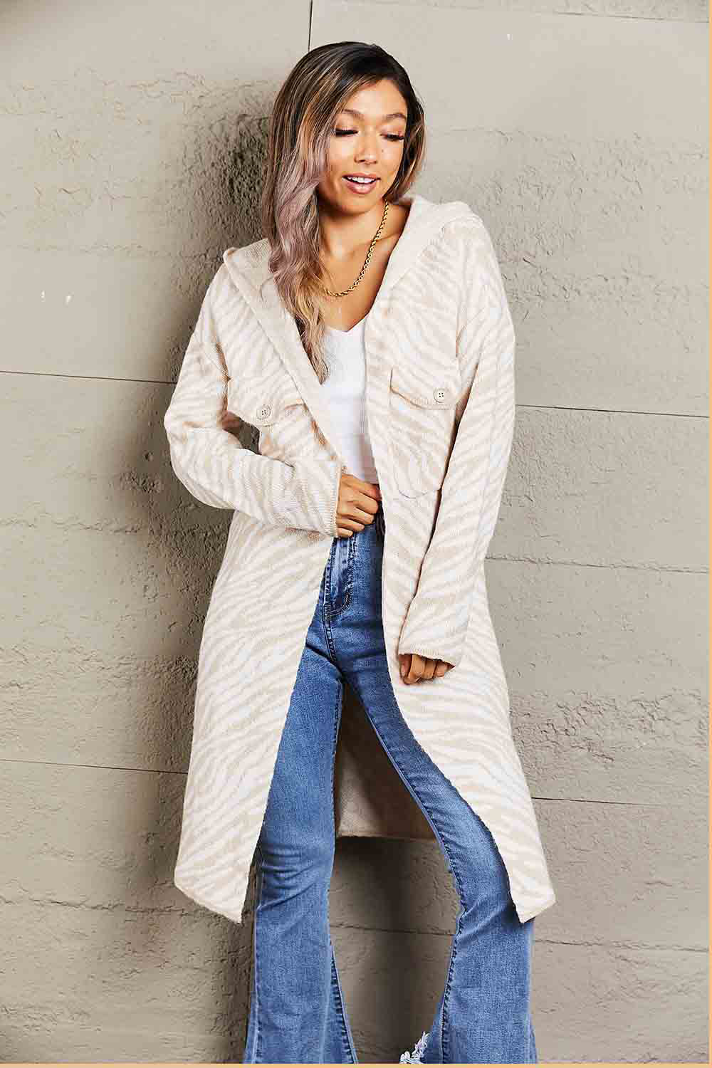 Printed Open Front Hooded Longline Cardigan-Angel Casuals