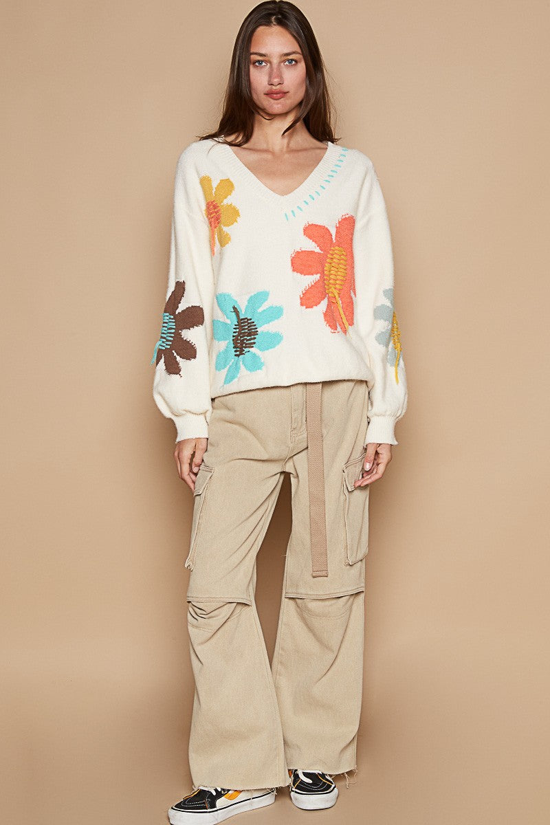 POL V-Neck Long Sleeve Flower Fringe Sweater-Angel Casuals