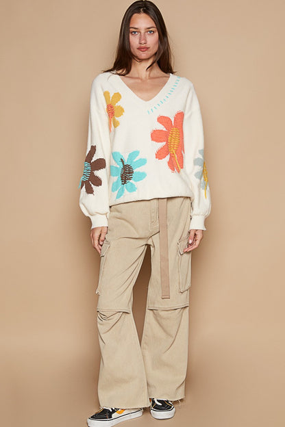 POL V-Neck Long Sleeve Flower Fringe Sweater-Angel Casuals