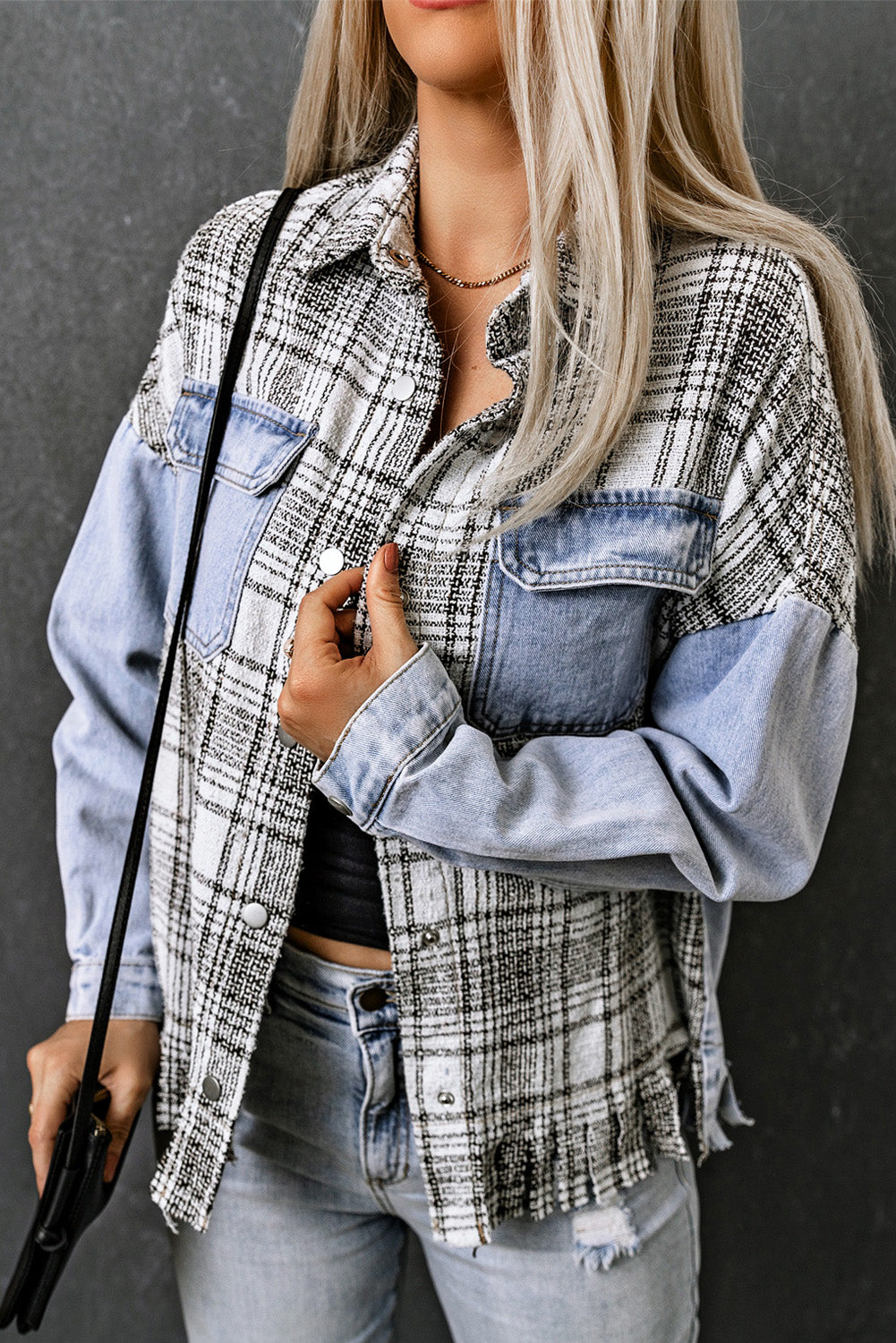 Plaid Pocketed Snap Down Denim Jacket-Angel Casuals