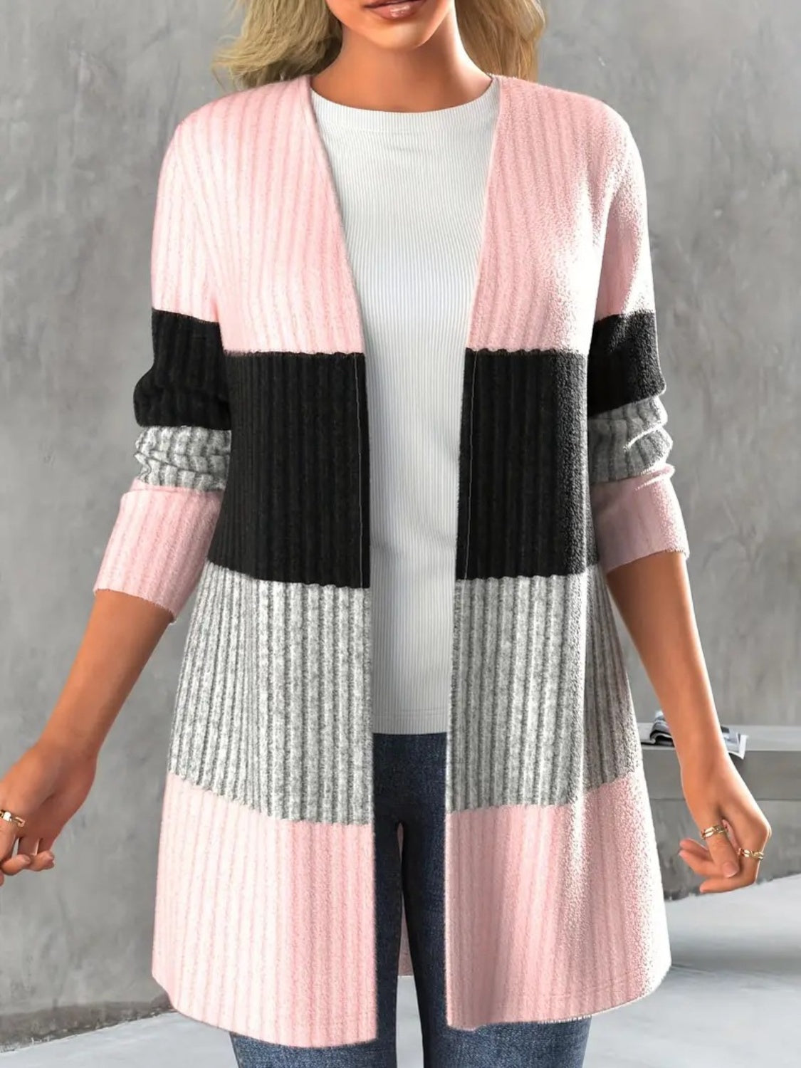 Color Block Open Front Long Sleeve Cardigan-Angel Casuals