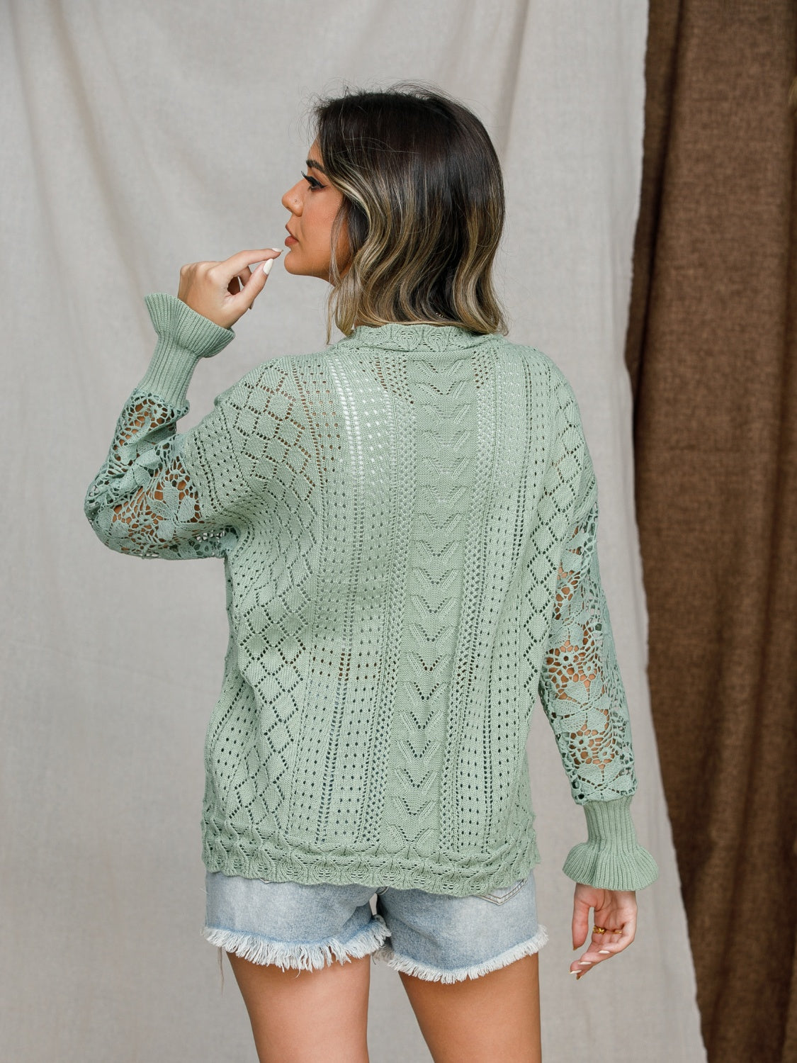 Eyelet Crochet Lantern Sleeve Sweater-Angel Casuals