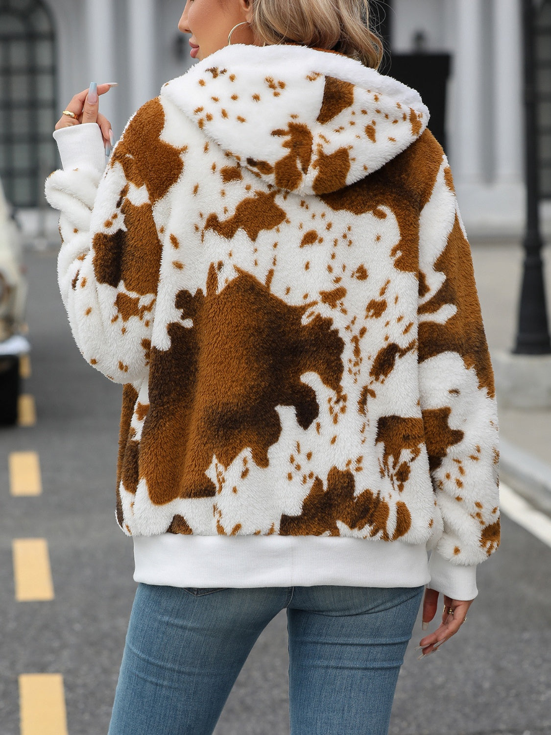 Fuzzy Drawstring Zip Up Hooded Jacket-Angel Casuals