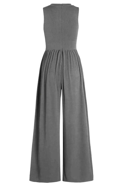 Round Neck Sleeveless Jumpsuit with Pockets-Angel Casuals