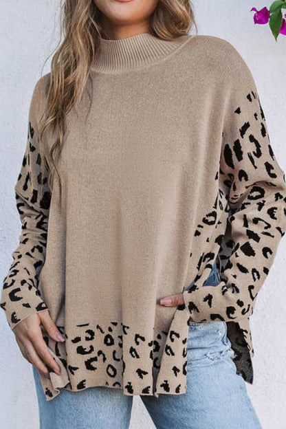 Slit Leopard Mock Neck Dropped Shoulder Sweater-Angel Casuals