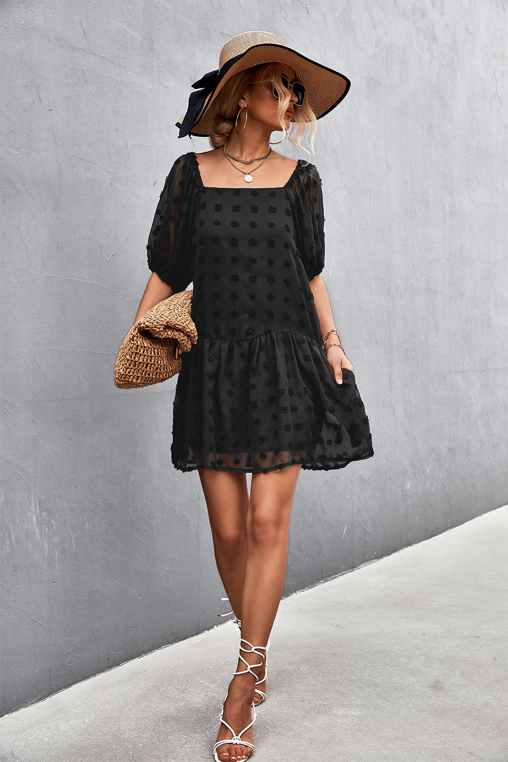 Swiss Dot Square Neck Half Balloon Sleeve Dress-Angel Casuals