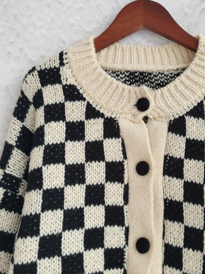 Checkered Button Up Round Neck Cardigan-Angel Casuals