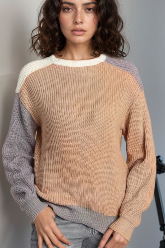 Color Block Round Neck Drop Shoulder Sweater-Angel Casuals