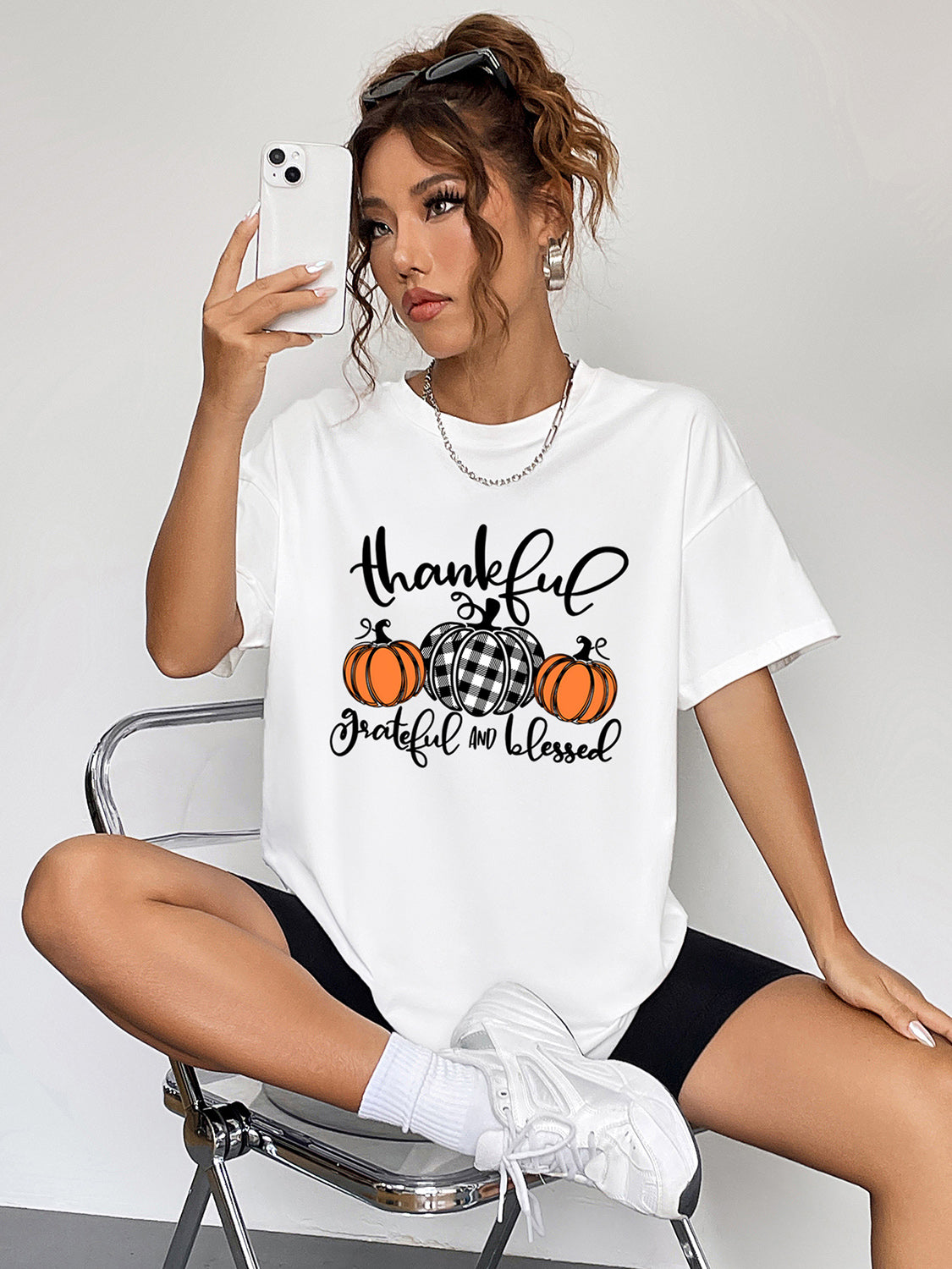 Round Neck Short Sleeve Fall Season Graphic T-Shirt-Angel Casuals