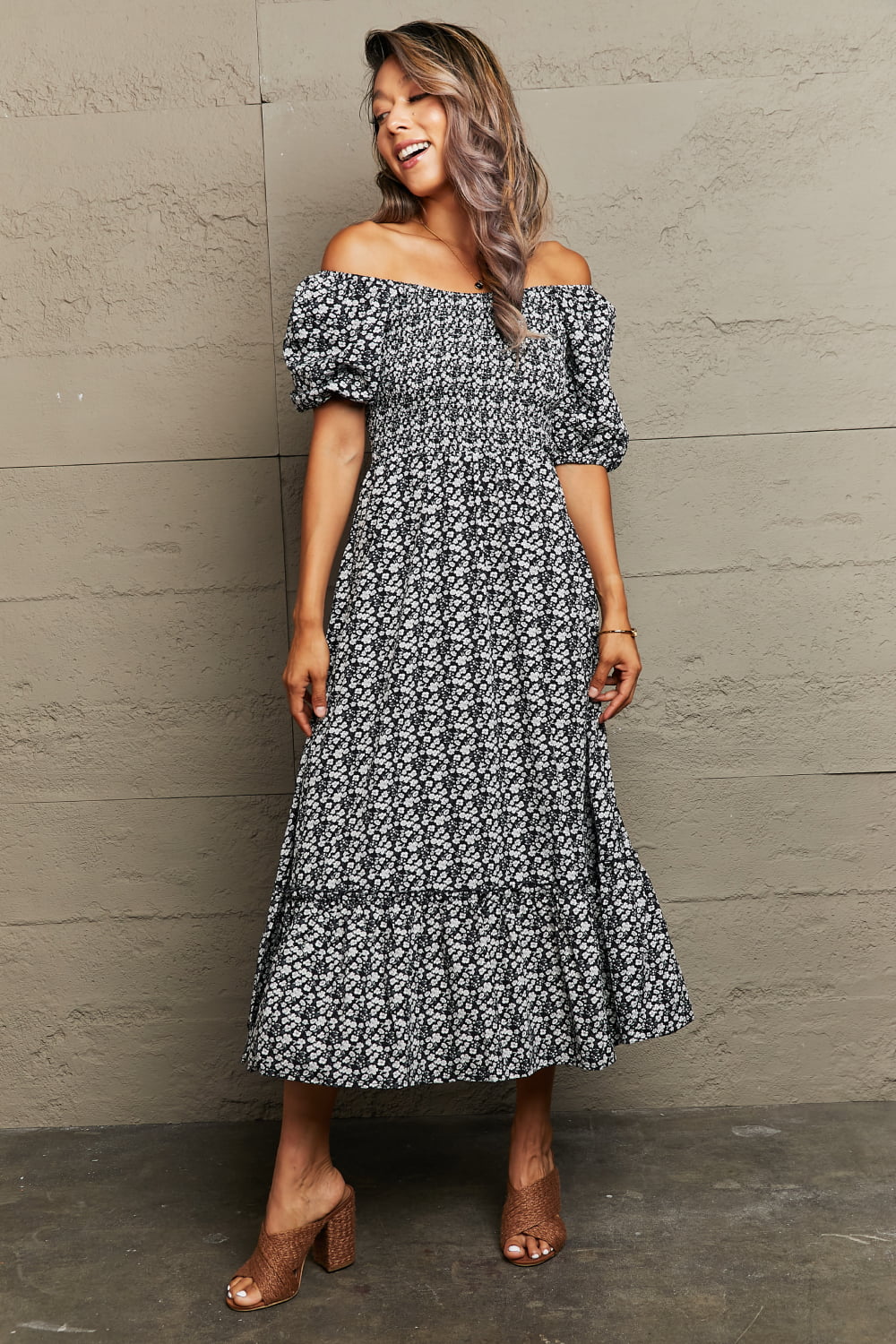 Floral Lace-Up Off-Shoulder Midi Dress-Angel Casuals