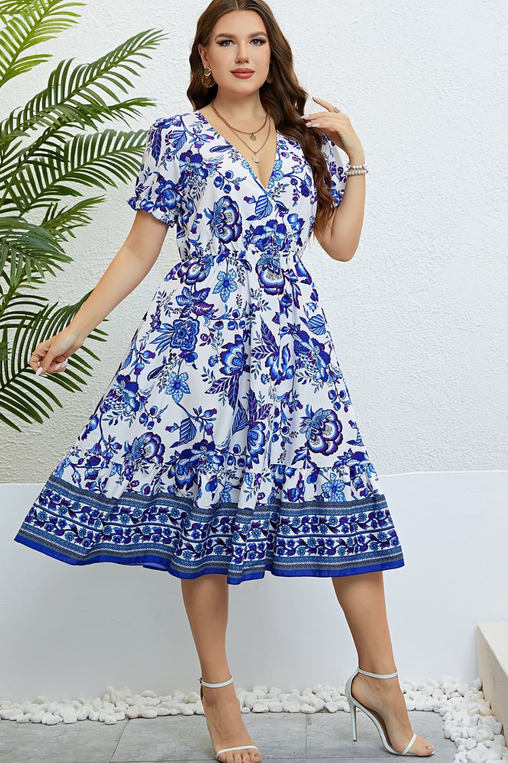 Floral Flounce Sleeve Surplice Dress-Angel Casuals