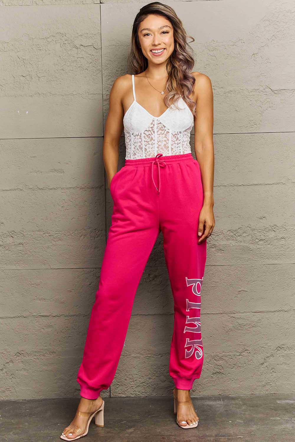 Simply Love Full Size PINK Graphic Sweatpants-Angel Casuals