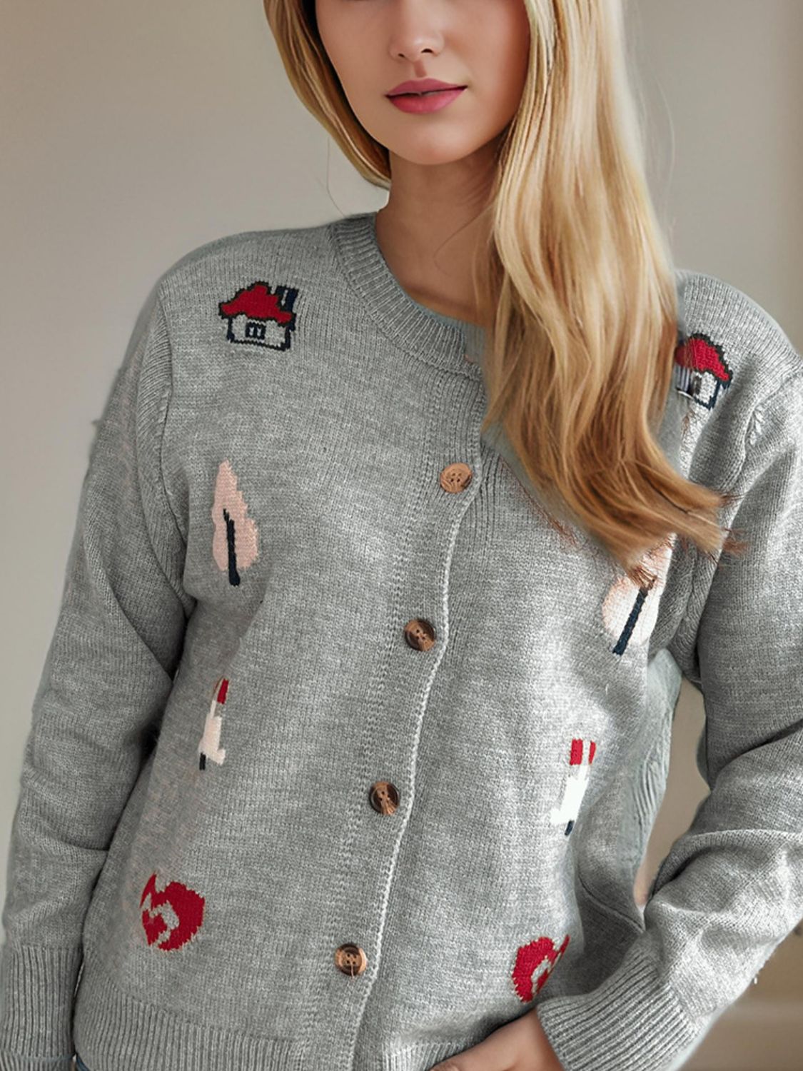 Button Up Round Neck Long Sleeve Cardigan-Angel Casuals