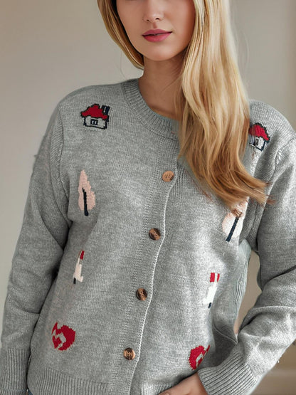 Button Up Round Neck Long Sleeve Cardigan-Angel Casuals