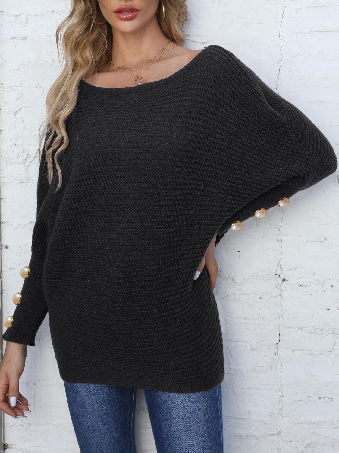 Full Size Boat Neck Long Sleeve Sweater-Angel Casuals