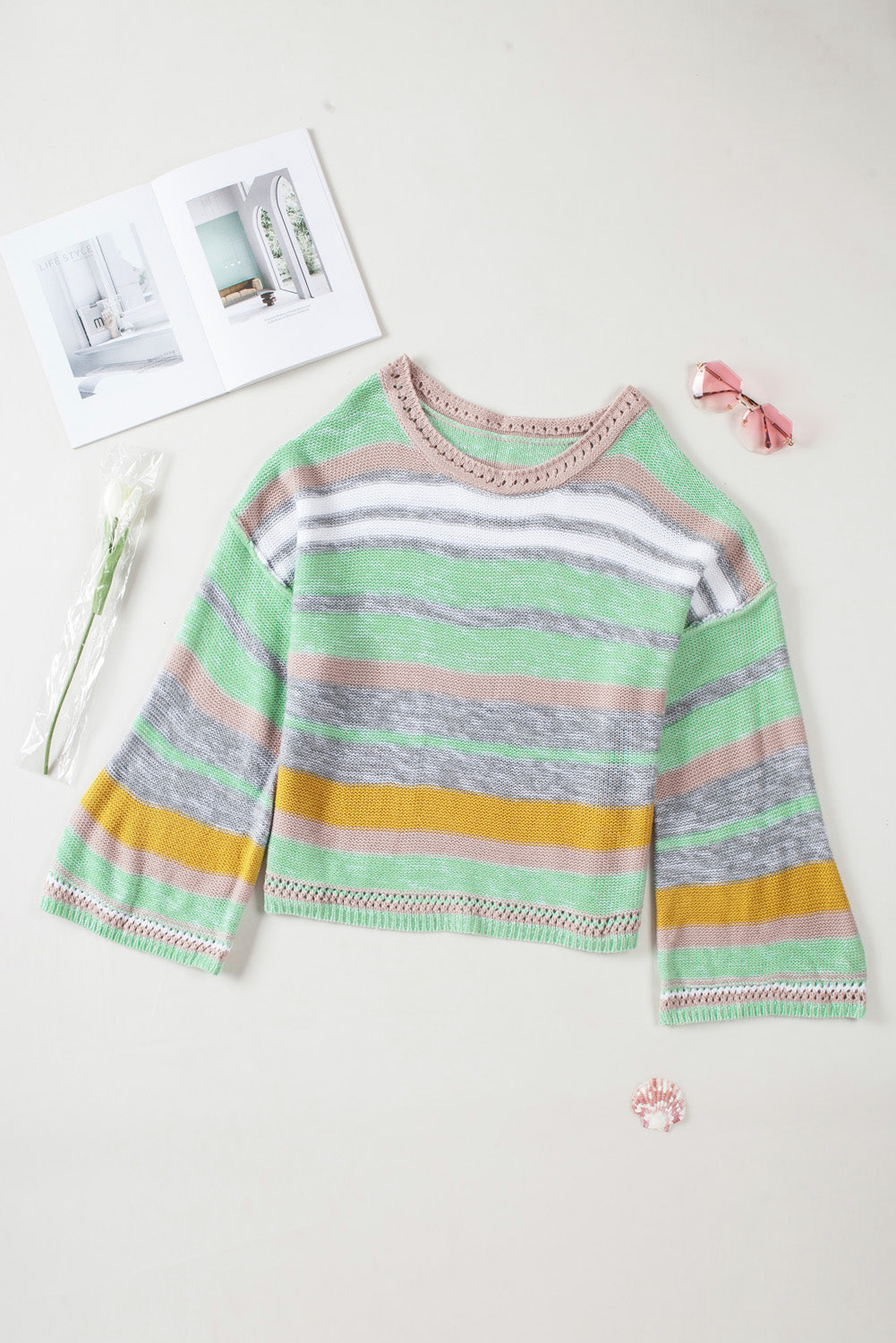 Contrast Striped Boat Neck Dropped Shoulder Sweater-Angel Casuals