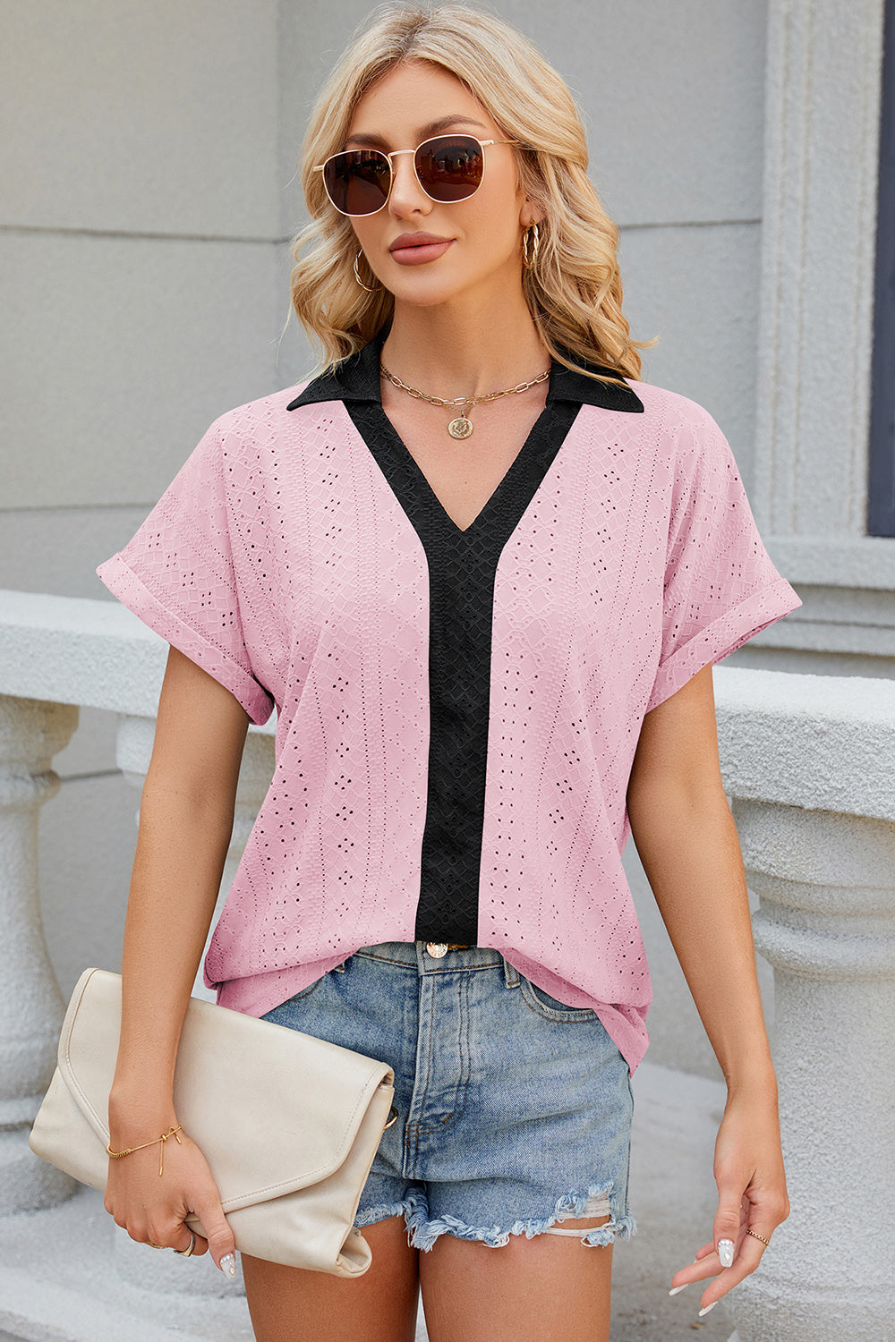 Eyelet Johnny Collar Short Sleeve T-Shirt-Angel Casuals