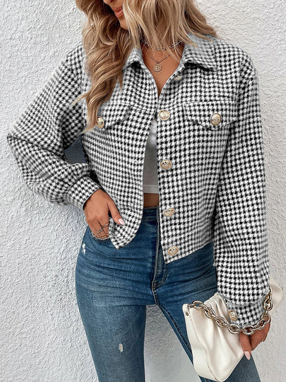 Houndstooth Collared Neck Button Up Jacket-Angel Casuals