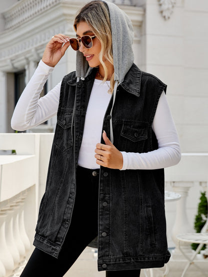 Drawstring Pocketed Button Up Sleeveless Denim Jacket-Angel Casuals