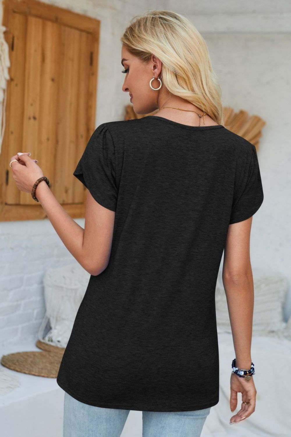 V-Neck Petal Sleeve T-Shirt-Angel Casuals