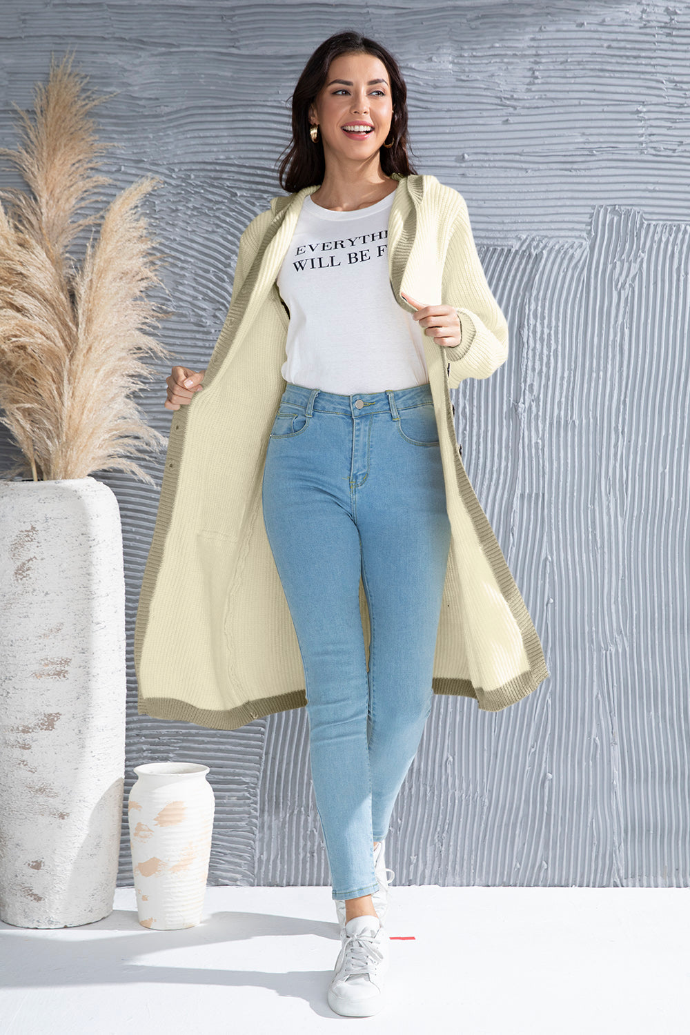 Button Up Contrast Trim Hooded Cardigan-Angel Casuals