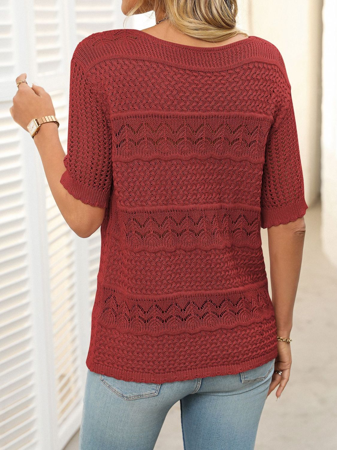 Mandy Openwork Round Neck Half Sleeve Knit Top-Angel Casuals