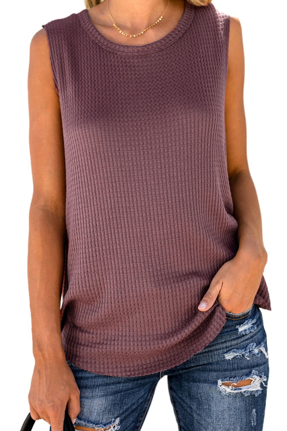 Waffle Knit Round Neck Tank-Angel Casuals