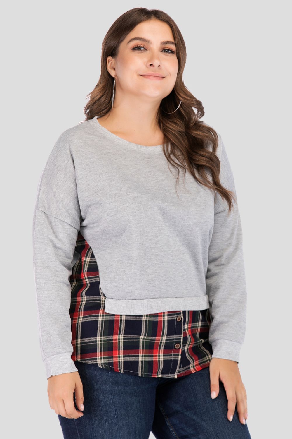 Full Size Plaid Patch Drop Shoulder Round Neck Top-Angel Casuals