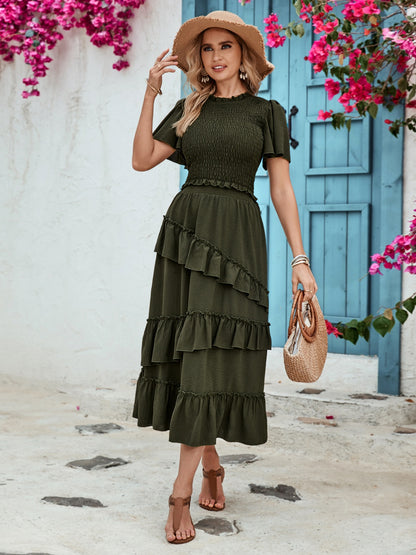 Ruffled Elastic Waist Midi Skirt-Angel Casuals