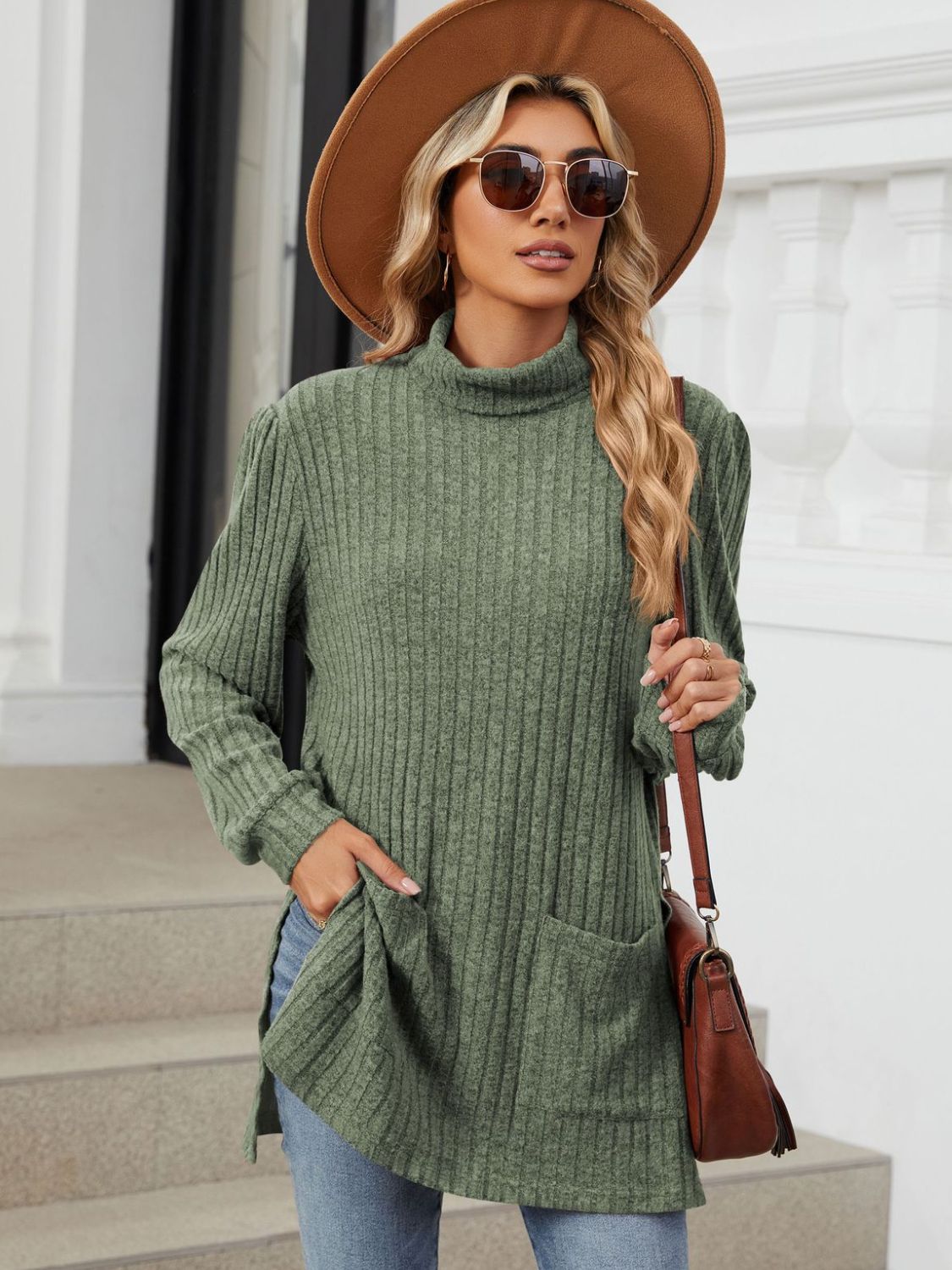 Slit Mock Neck Long Sleeve T-Shirt-Angel Casuals