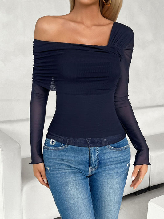 Devine Ruched Asymmetrical Long Sleeve T-Shirt-Angel Casuals
