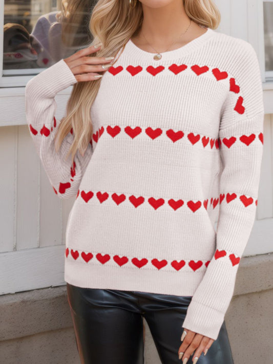 Heart Round Neck Long Sleeve Sweater-Angel Casuals