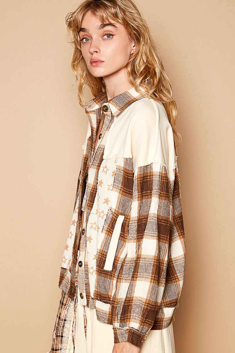 POL Plaid & Star Patchwork Contrast Long Sleeve Shacket-Angel Casuals