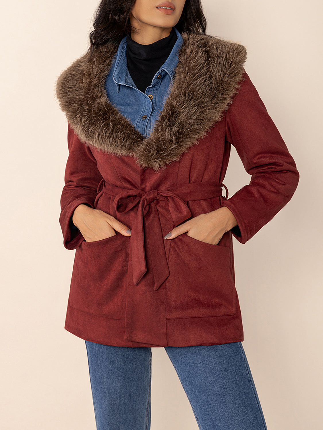 Fuzzy Collared Neck Tie Waist Jacket-Angel Casuals