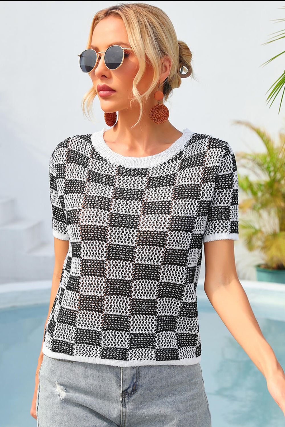 Angel Wings Checkered Short Sleeve Knit Top-Angel Casuals