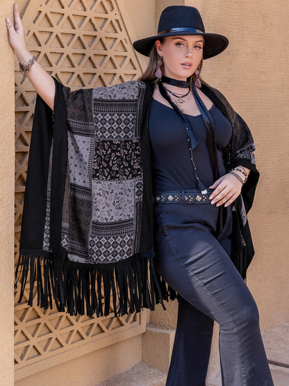 Plus Size Printed Fringe Open Front Outerwear-Angel Casuals